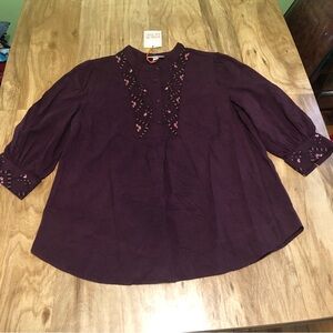 NWT Knox Rose Plum Purple Embroidered 3/4 Sleeve Half Button Shirt Size Large